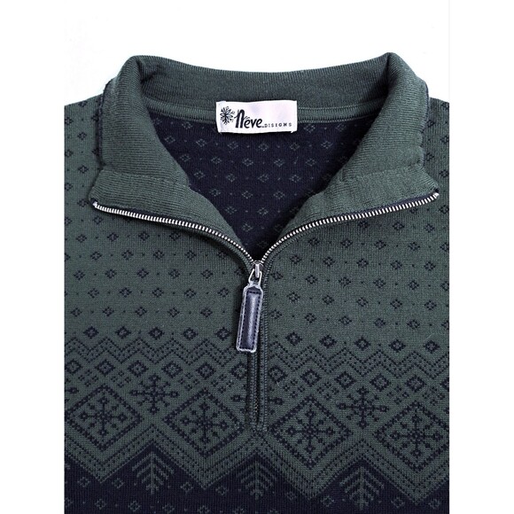 Neve Wool Sweater Fair Isle Zip Nordic Fair Isle Green Black Snowflake Ski - Picture 2 of 10